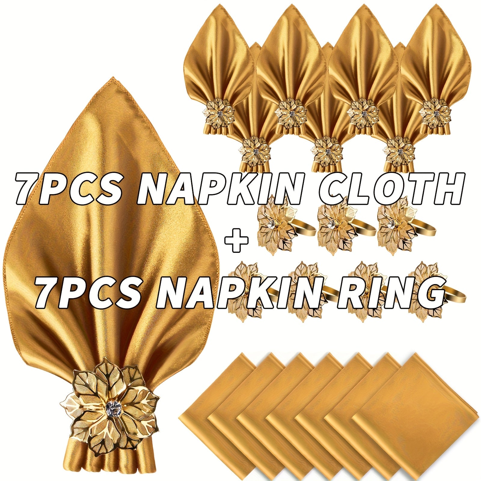Kit Luxo com 14 Peças — Guardanapos de Cetim e Argolas Douradas Florais