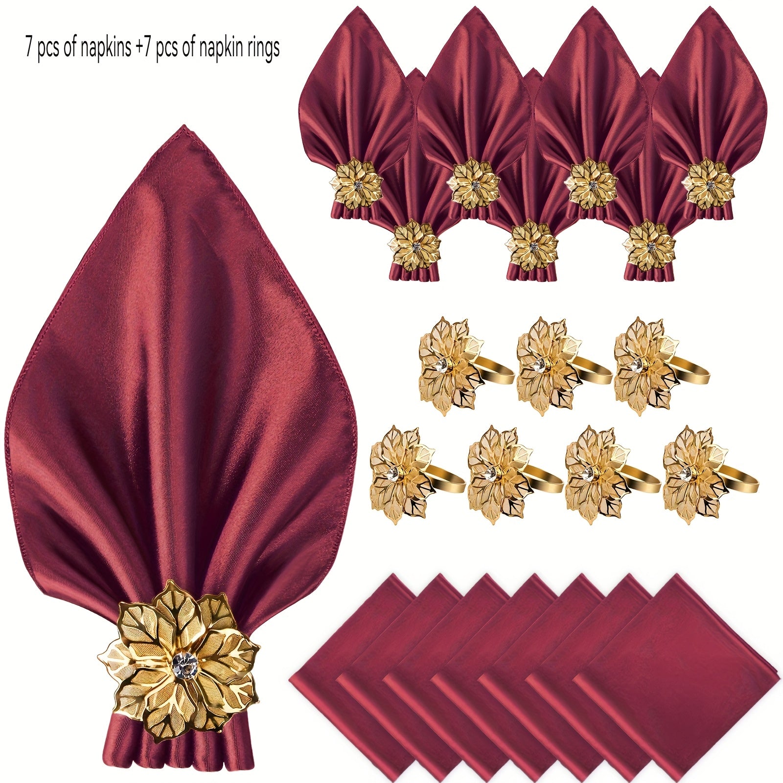 Kit Luxo com 14 Peças — Guardanapos de Cetim e Argolas Douradas Florais