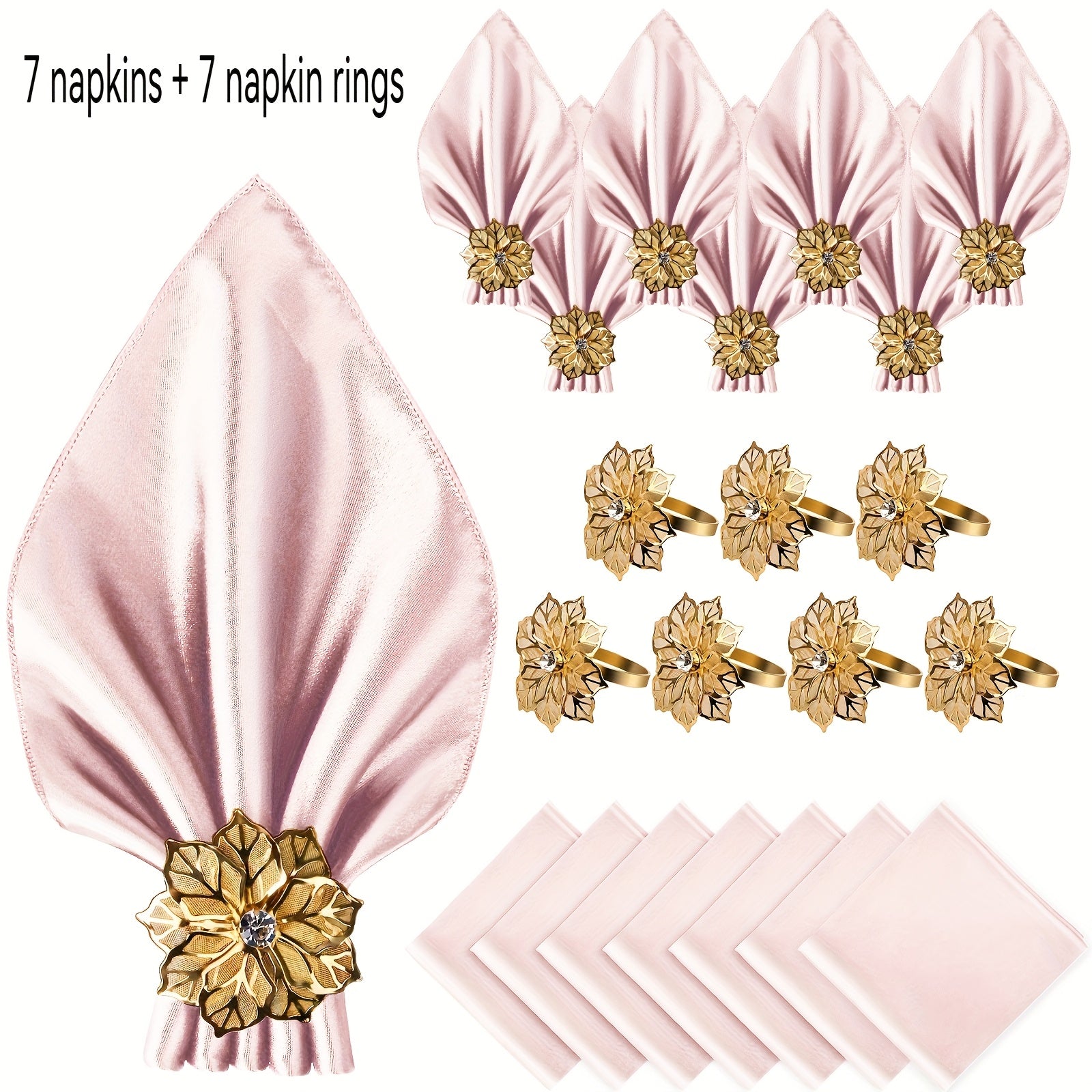 Kit Luxo com 14 Peças — Guardanapos de Cetim e Argolas Douradas Florais