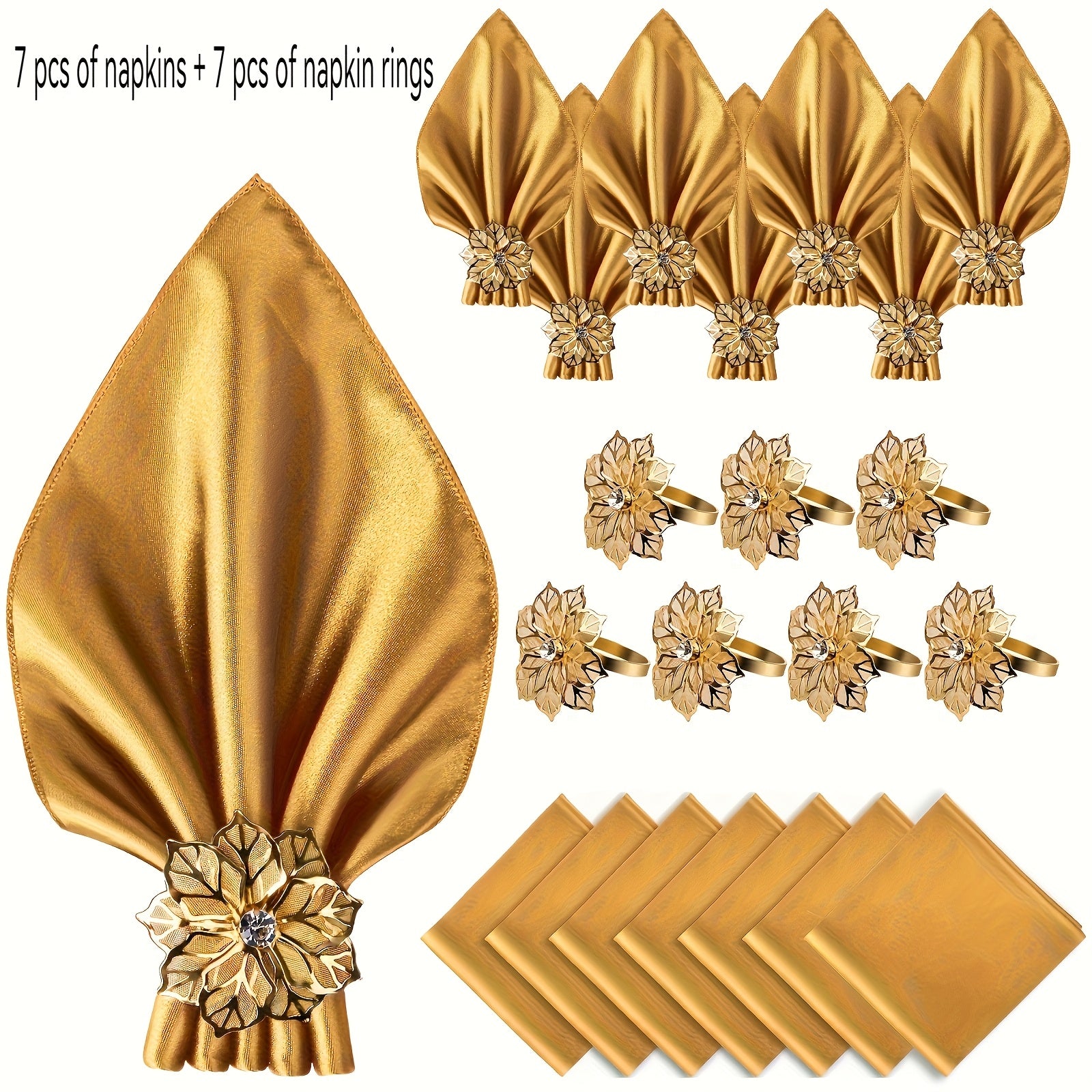 Kit Luxo com 14 Peças — Guardanapos de Cetim e Argolas Douradas Florais