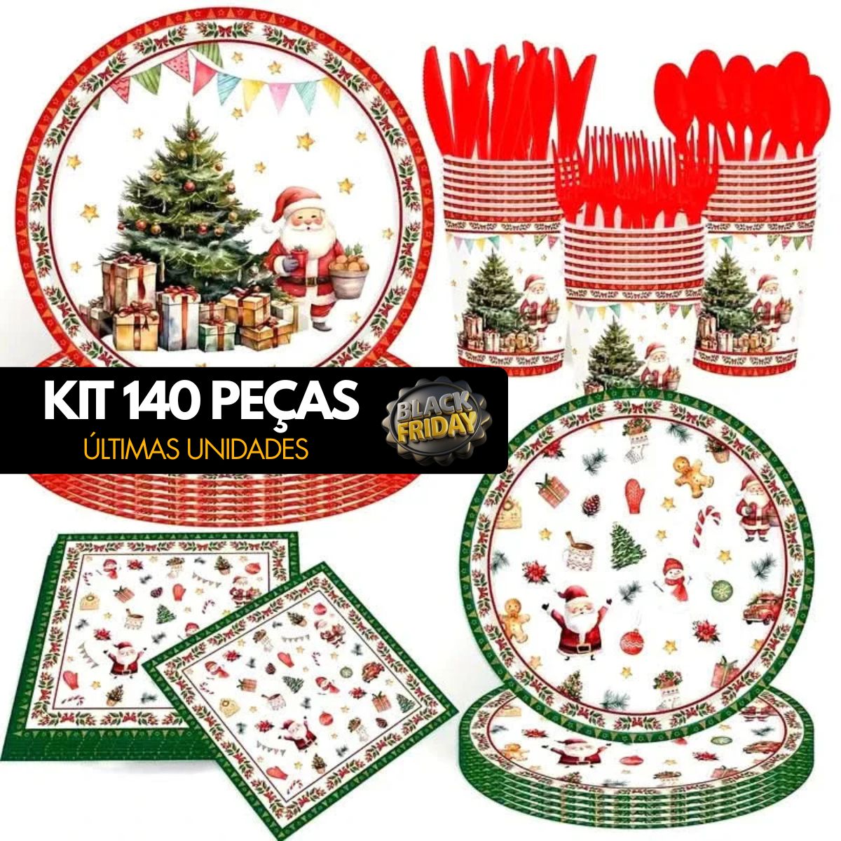 Kit de Talheres para Festa de Natal com 140 Peças - Pratos, Copos e Talheres Descartáveis