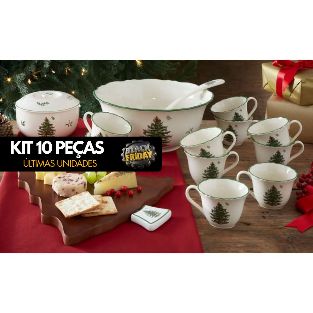 Kit 10 Peças de Porcelana - Estampa Árvore de Natal