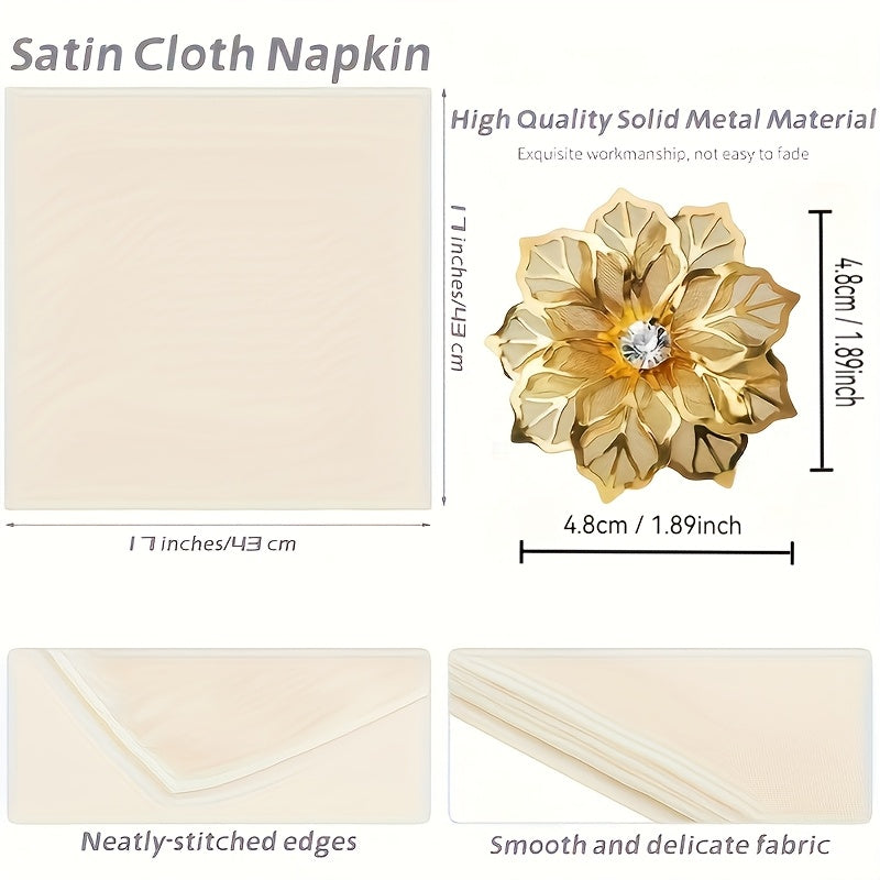 Kit Luxo com 14 Peças — Guardanapos de Cetim e Argolas Douradas Florais