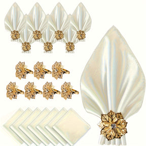 Kit Luxo com 14 Peças — Guardanapos de Cetim e Argolas Douradas Florais