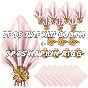 Kit Luxo com 14 Peças — Guardanapos de Cetim e Argolas Douradas Florais