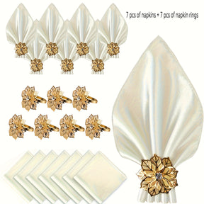 Kit Luxo com 14 Peças — Guardanapos de Cetim e Argolas Douradas Florais