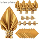 Kit Luxo com 14 Peças — Guardanapos de Cetim e Argolas Douradas Florais