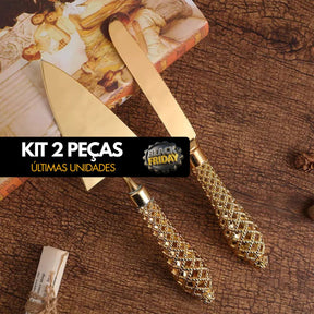 Conjunto Espátula Para Bolo e Faca Dourada