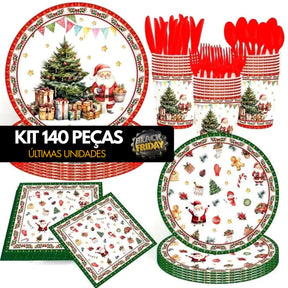 Kit de Talheres para Festa de Natal com 140 Peças - Pratos, Copos e Talheres Descartáveis
