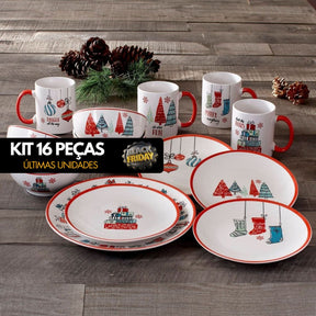 Conjunto de Porcelana Espirito Natalino com 16 Peças - Serviço para 04 Pessoas