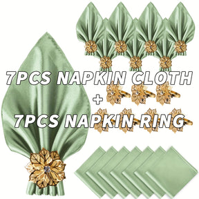 Kit Luxo com 14 Peças — Guardanapos de Cetim e Argolas Douradas Florais